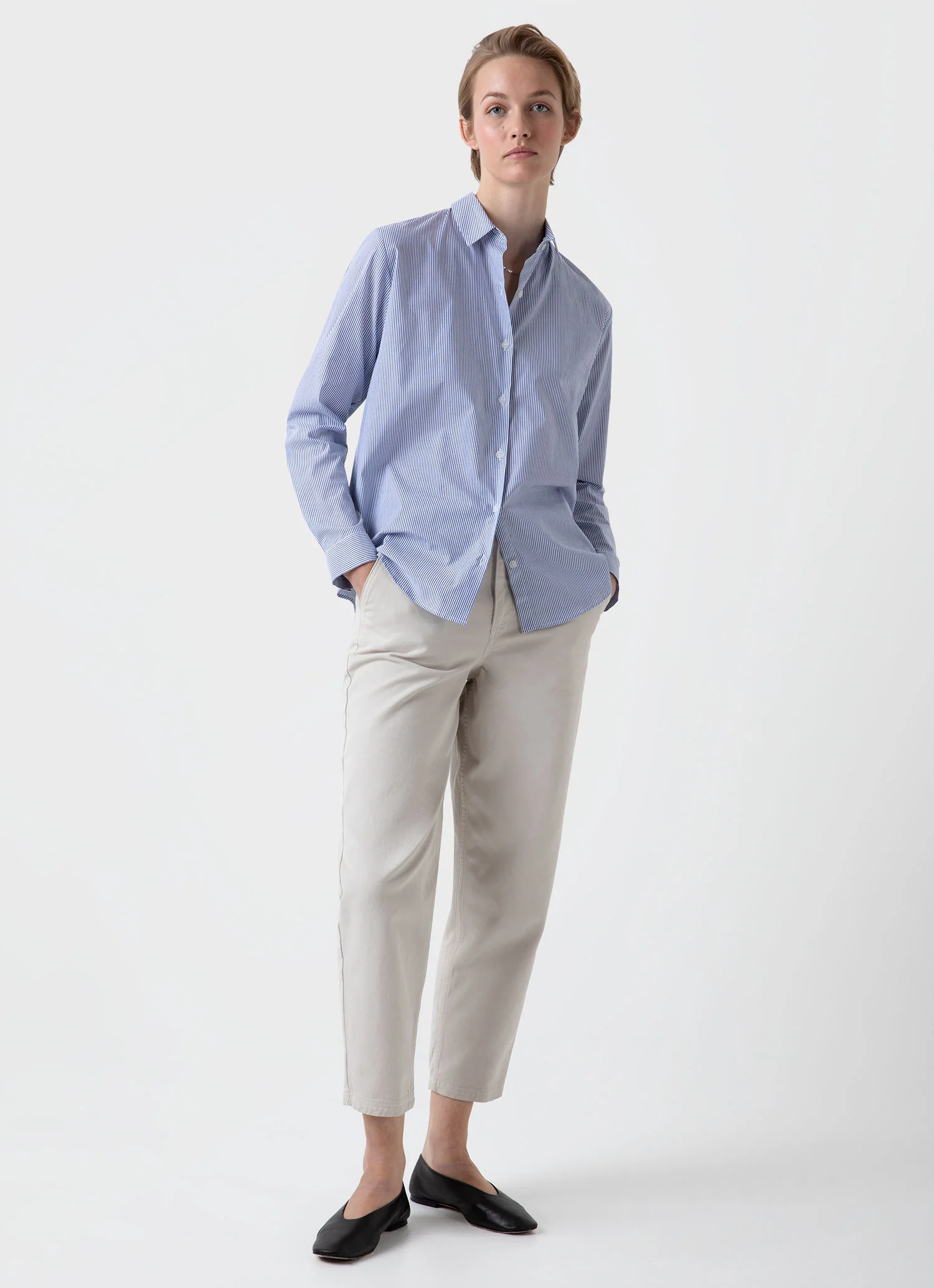 Women's Classic Shirt in White/Blue Bar Stripe - Image 3