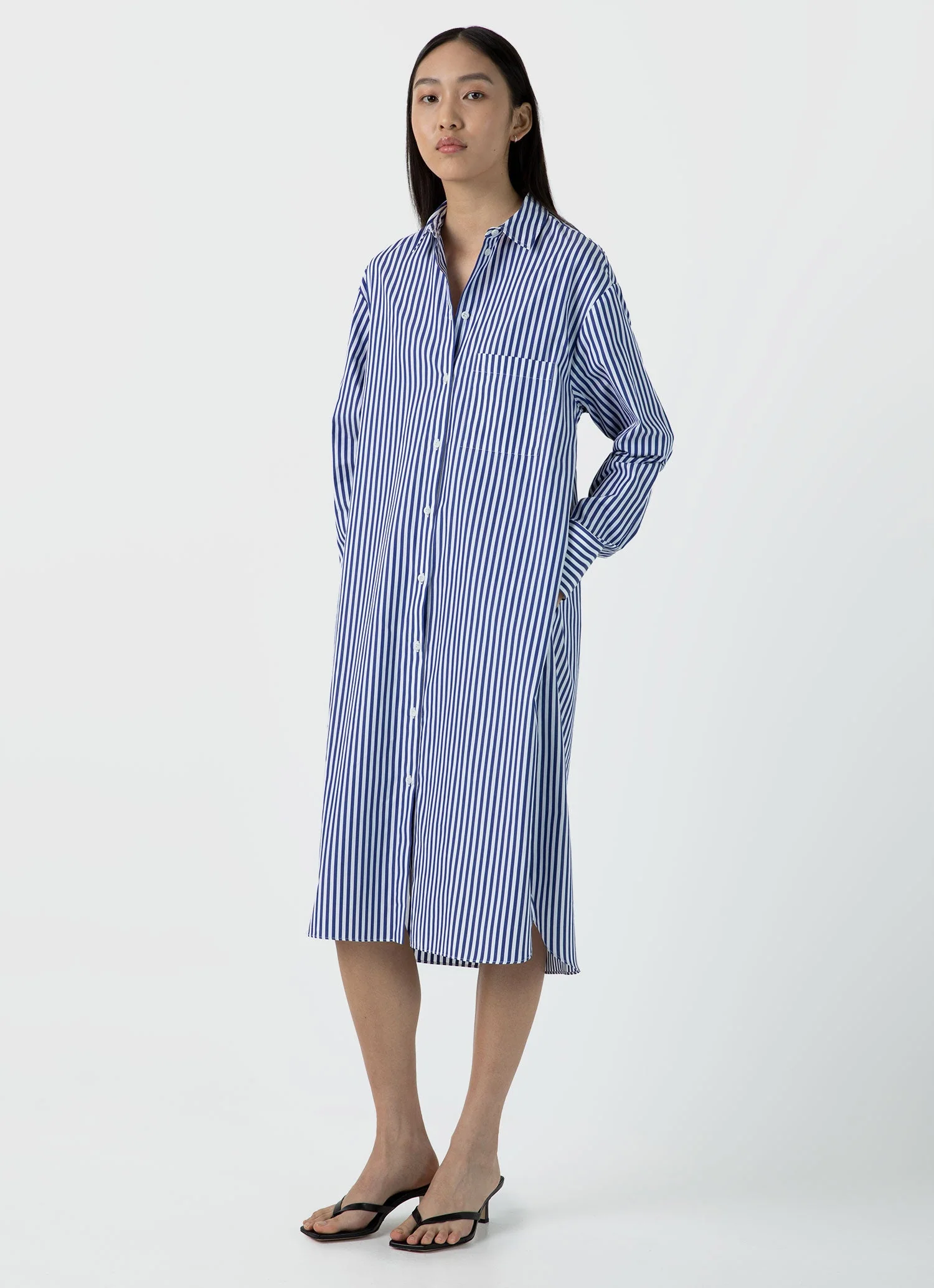 Women's Cotton Poplin Shirt Dress in Bright Blue/White - Image 4