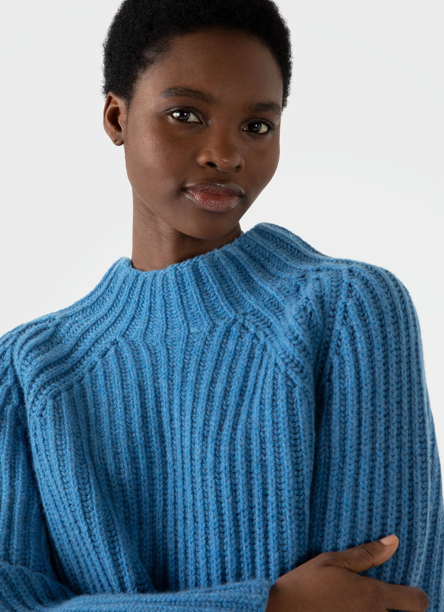 Women's Lambswool Chunky Funnel Neck Jumper in Blue Jean - Image 3