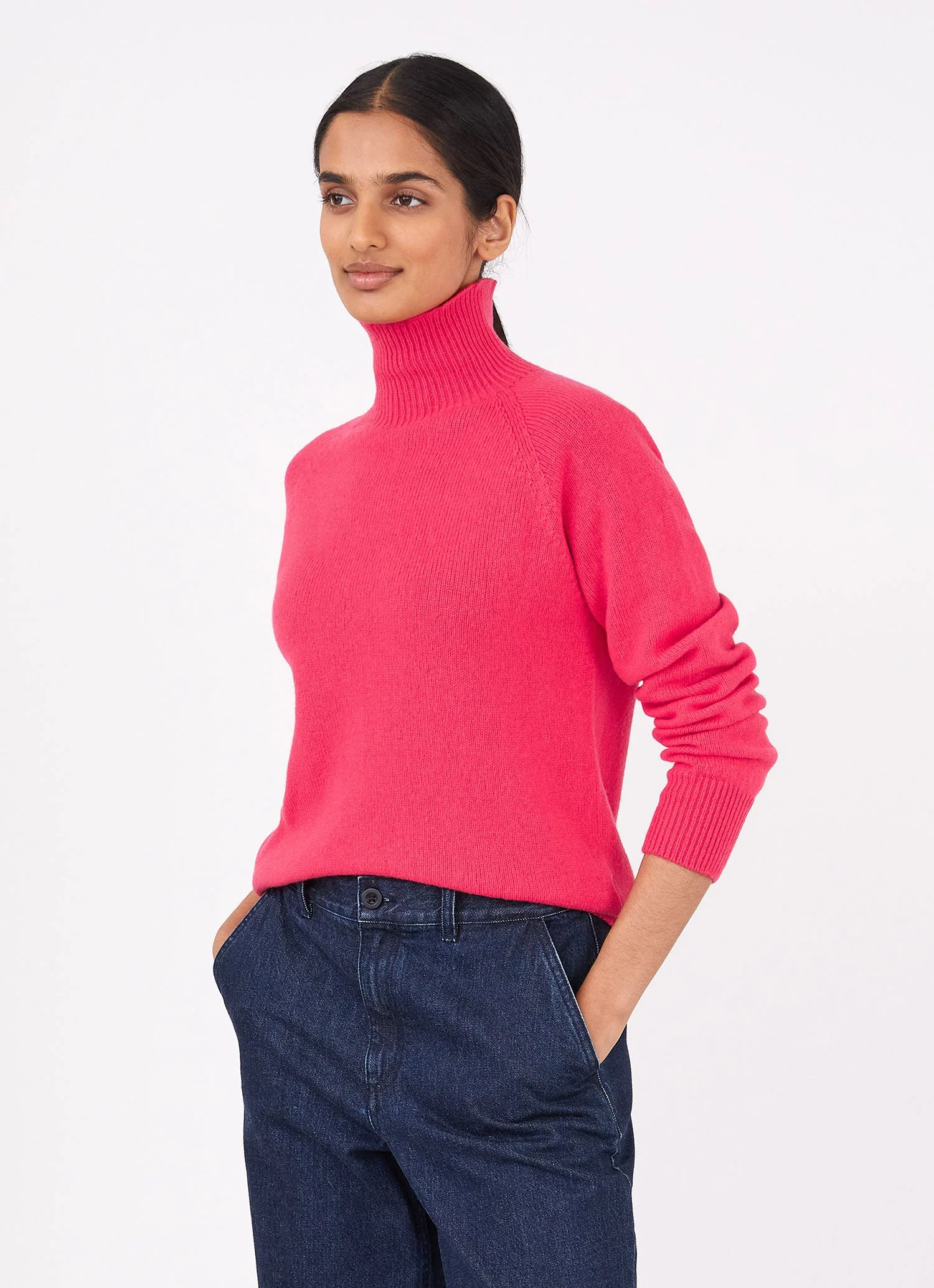 Women's Lambswool Funnel Neck Jumper in Bright Pink - Image 2