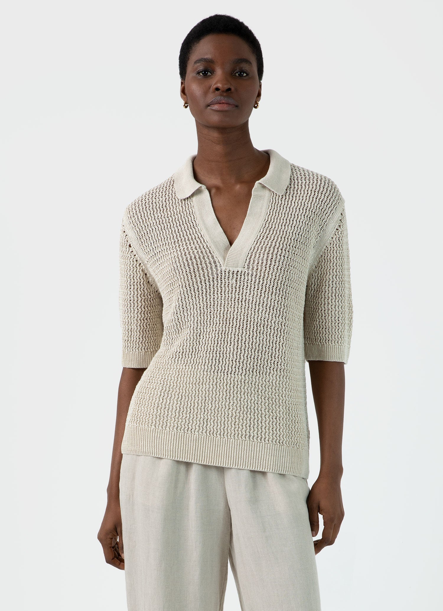 Women's Linen Mesh Polo Shirt in Ecru - Image 2