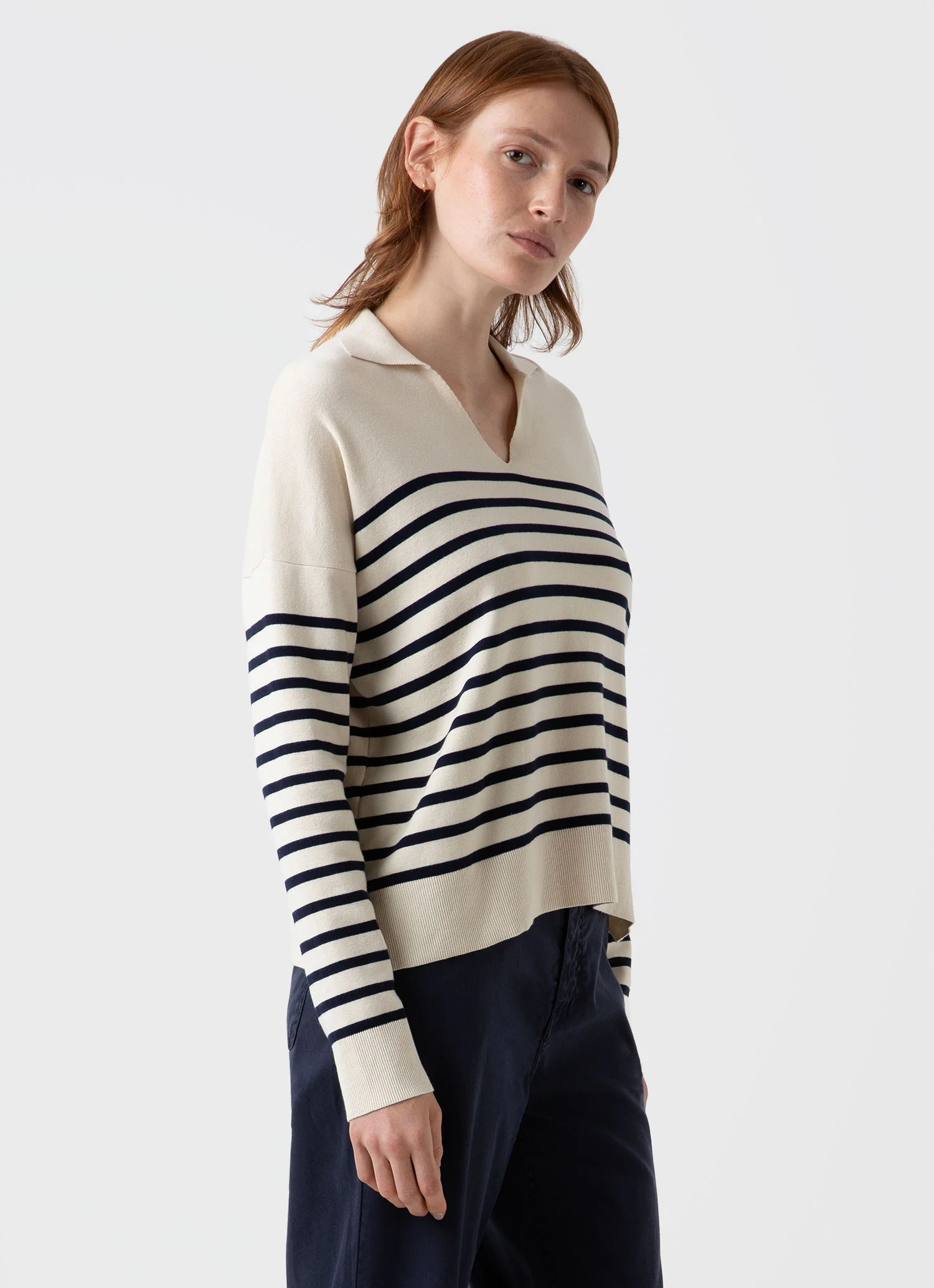 Women's Open Neck Jumper in Ecru/Navy Breton Stripe - Image 3