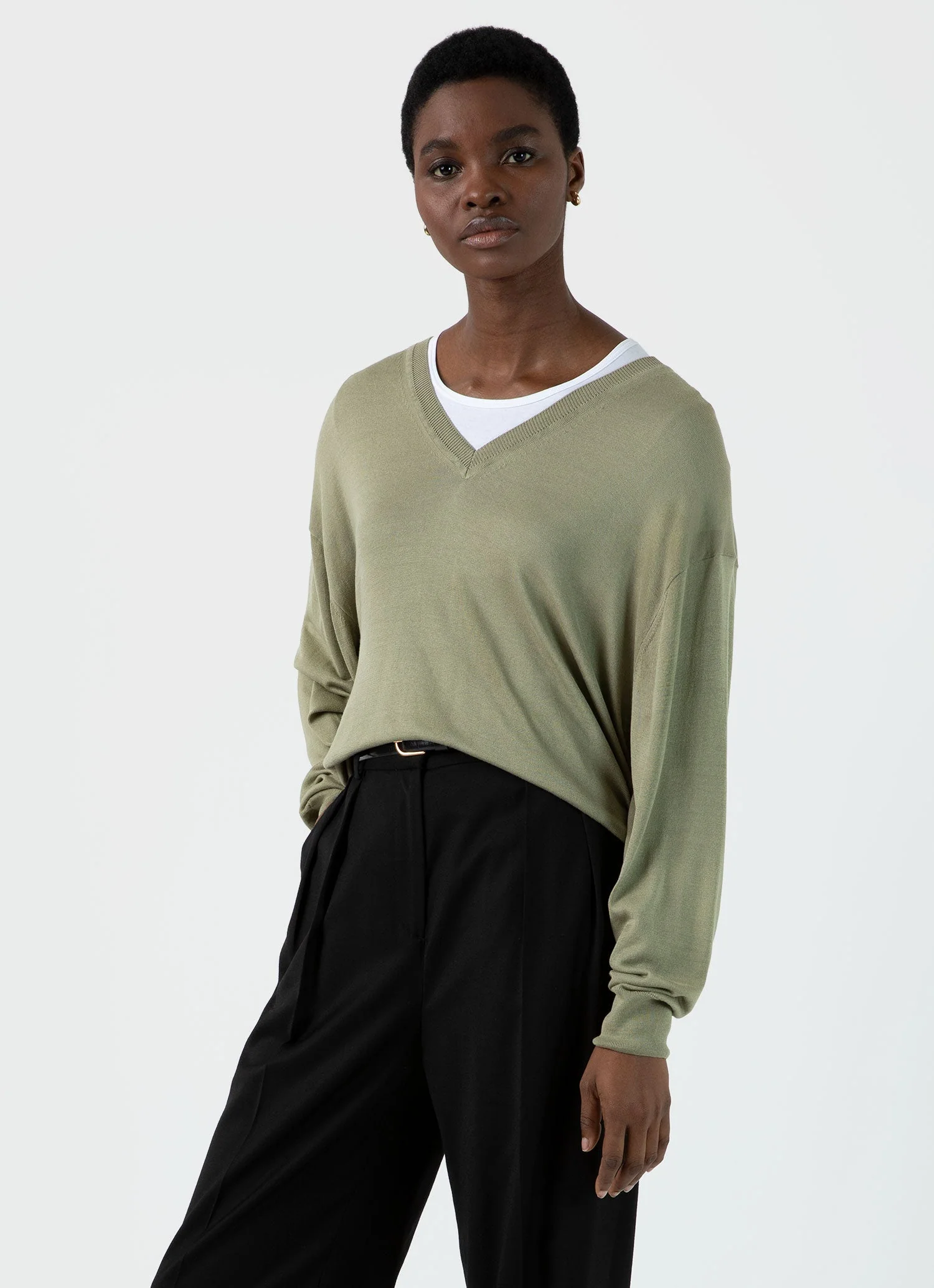 Women's Relaxed Mulberry Silk V-neck Jumper in Pale Khaki - Image 2